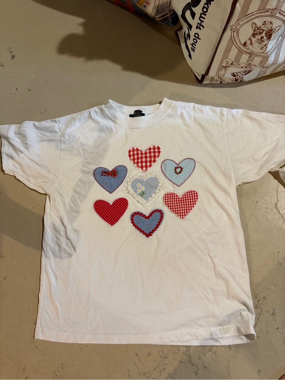 Women White Tee with Red & Blue Heart Appliqués